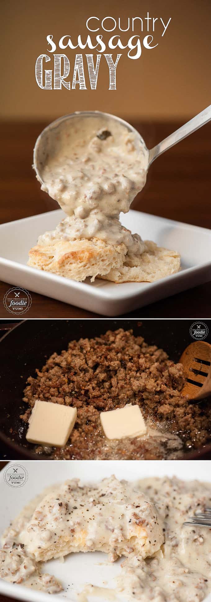 Country Sausage Gravy made from scratch is delicious! The best biscuits and gravy are made from homemade flaky buttermilk biscuits and sausage gravy. #gravy #biscuitsandgravy #sausagegravy #countrysausagegravy #groundpork #sausage #easy #recipe #breakfast #sausagegravyandbiscuits #homemade #best #country #howtomake