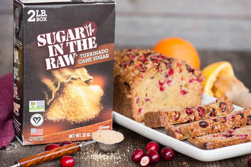 box of sugar in the raw next to cranberry bread