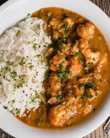 homemade crawfish etouffee with rice.