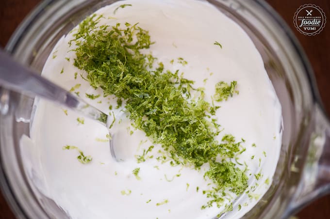 yogurt and mayonnaise cole slaw dressing with lime zest on top