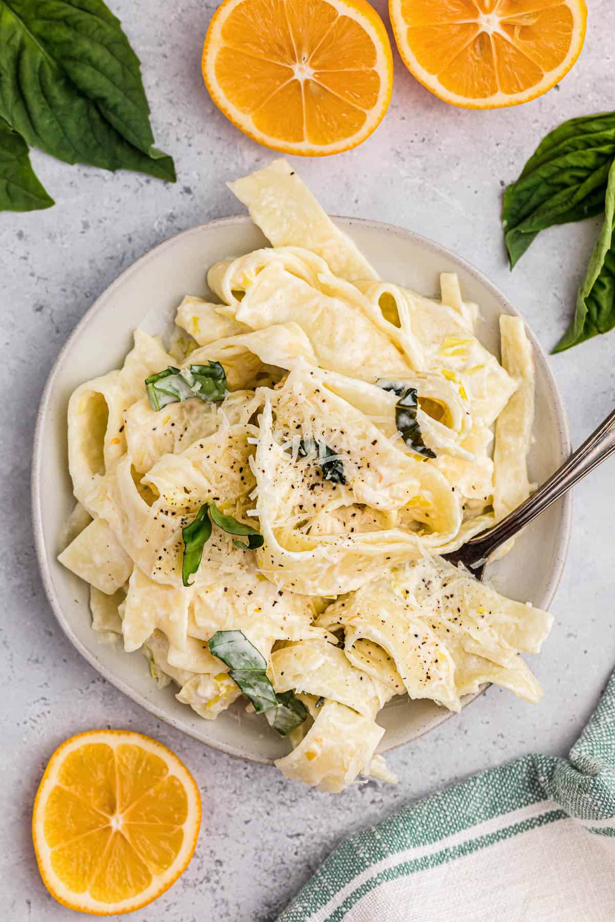 creamy lemon pasta with basil and parmesan.