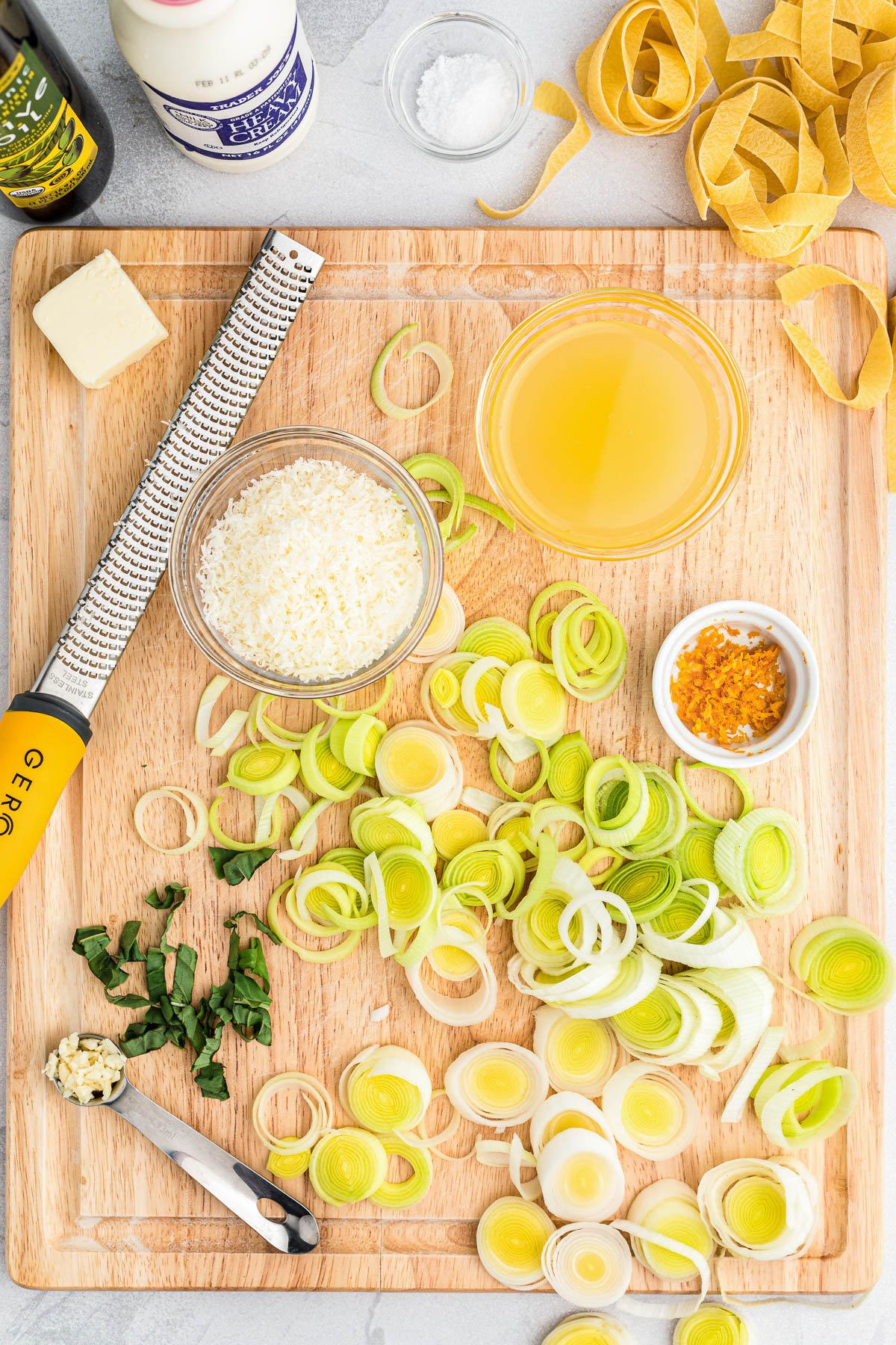 sliced leaks with lemon juice, zest, parmesan, and garlic.
