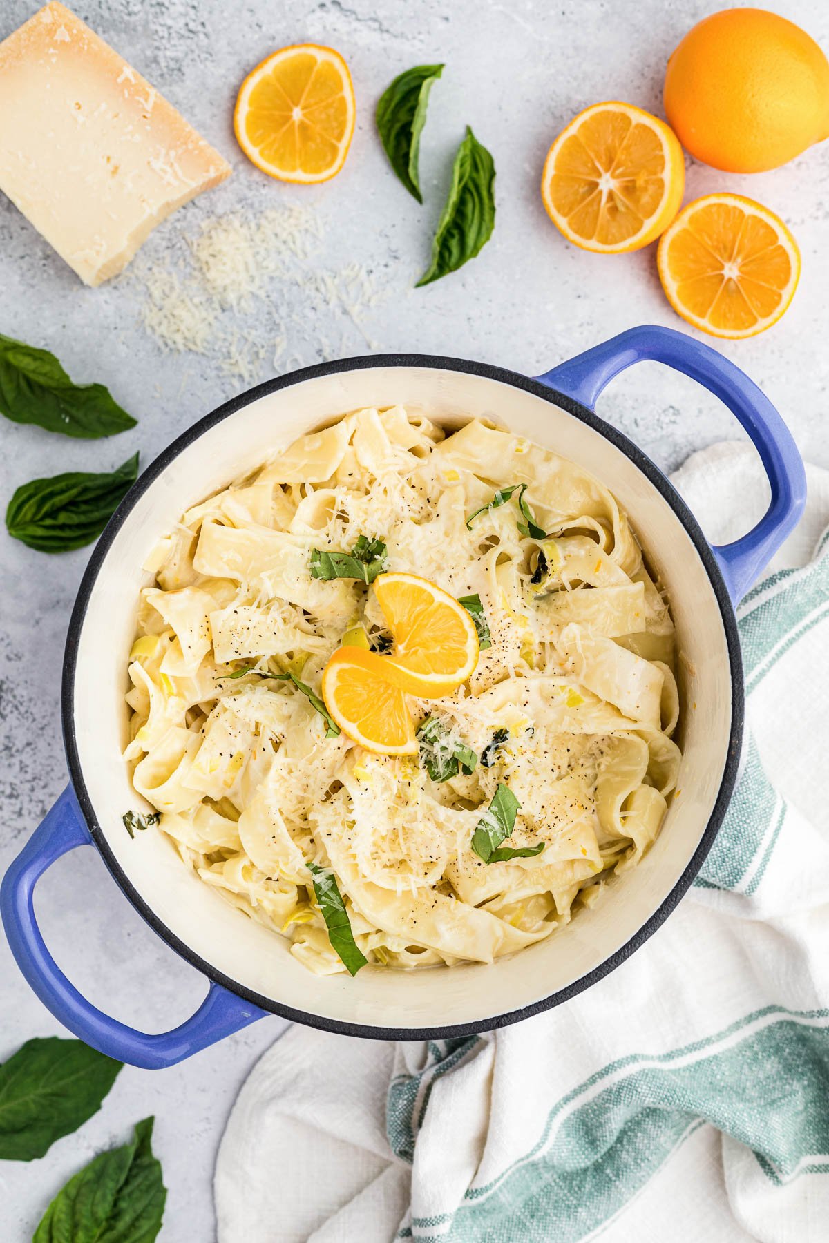 creamy lemon pasta with basil and fresh lemon.