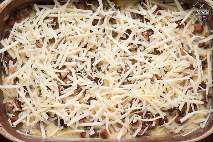 shredded cheese on breakfast casserole prior to baking