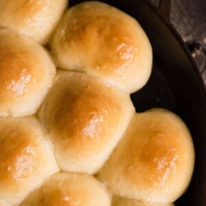looking down at Dinner Rolls in cast iron pan