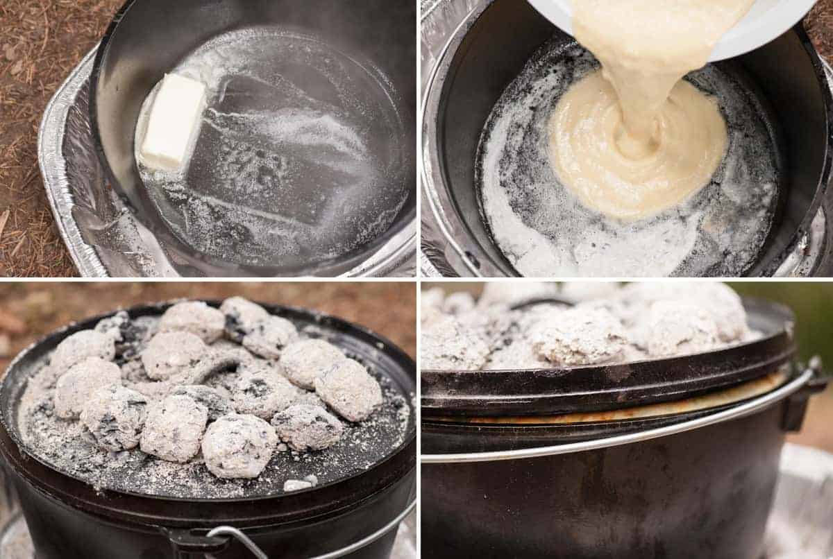 process photos for how to make a dutch baby in a dutch oven over a campfire