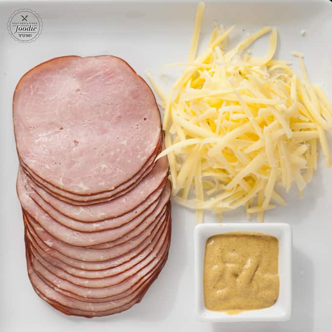 ham, cheese, and mustard on a white dish