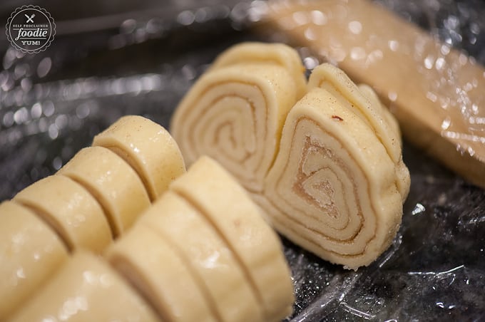 a close up of the cinnamon swirl inside an unbaked Palmier cookie