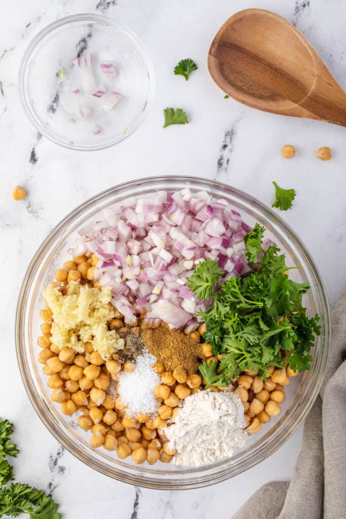 ingredients in bowl to make homemade falafel.