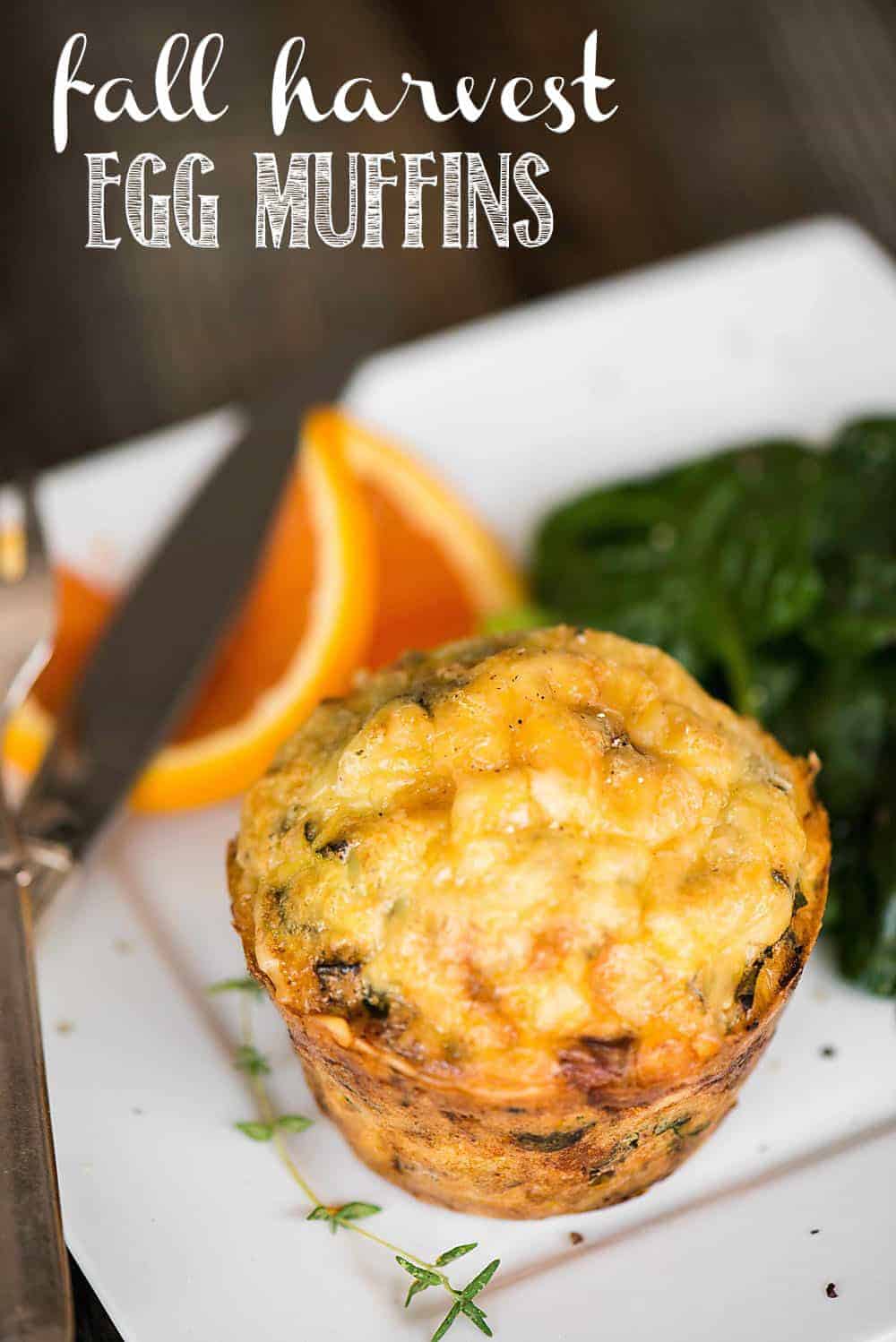 fall harvest egg muffin, with an orange and knife in the background