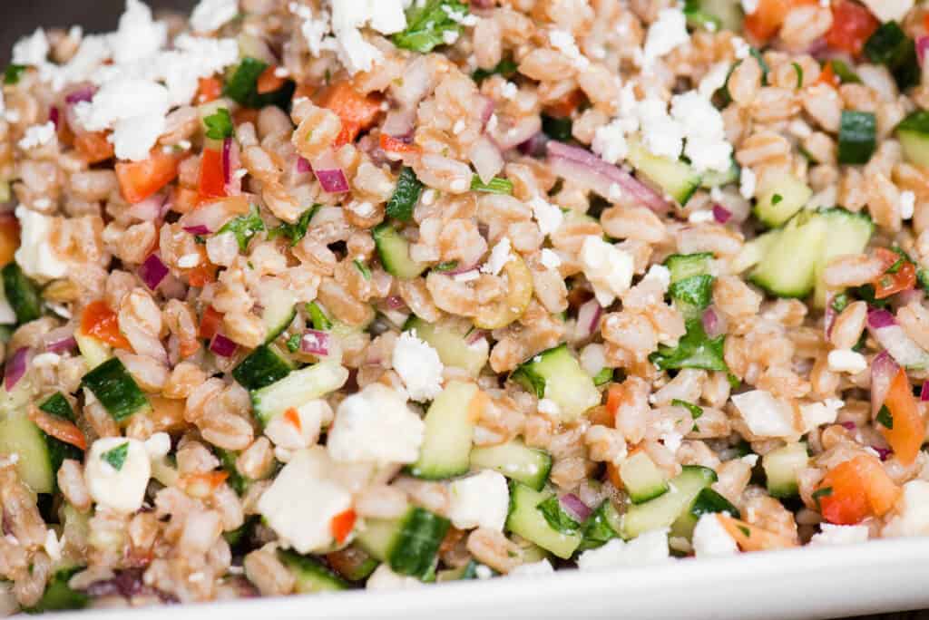 close up of cucumber feta Mediterranean Farro Salad