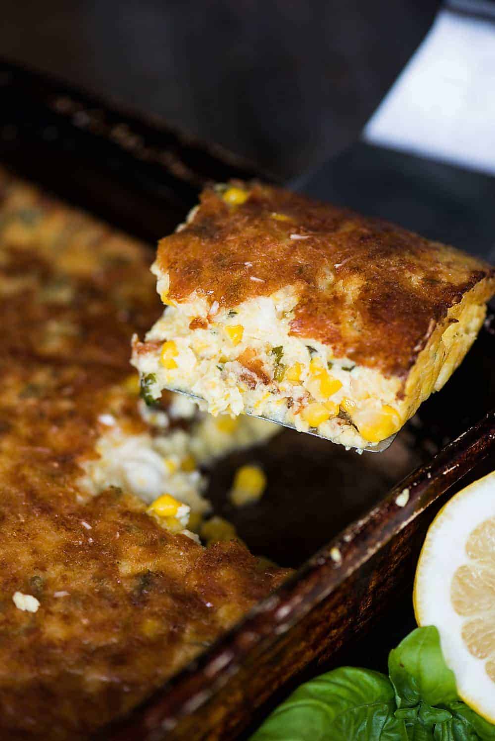 Feta Corn Casserole, made with canned corn and a hint of lemon and basil, takes only minutes to prepare, creating an easy side dish everyone loves.