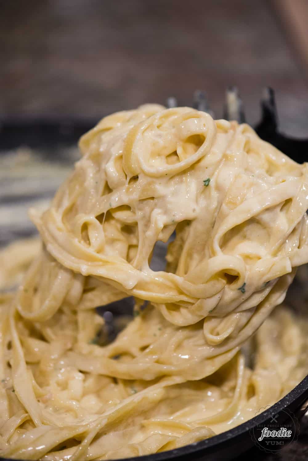 fettucine covered in alfredo sauce