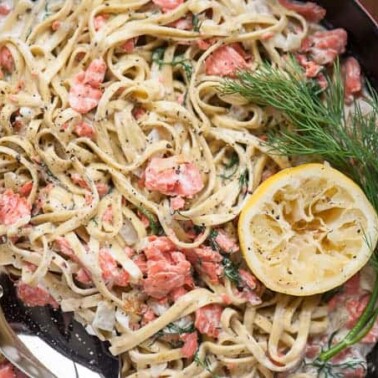 Fettuccine with Salmon Dill Cream Sauce made with smoked salmon, fresh dill, lemon and heavy cream is an insanely delicious and easy to make pasta dinner.