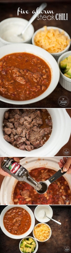 This spicy Five Alarm Steak Chili is the best recipe you\'ll ever find, plus slow cooking it in the crockpot makes it perfect game day tailgating grub.