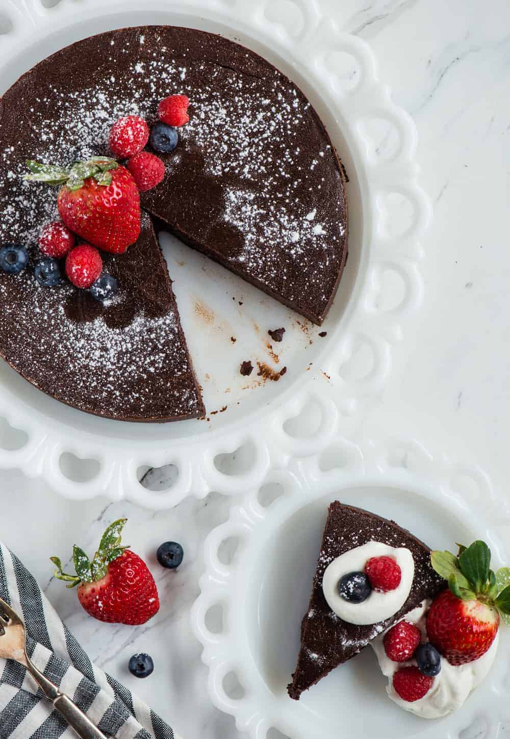 flourless chocolate cake recipe with berries and whipped cream
