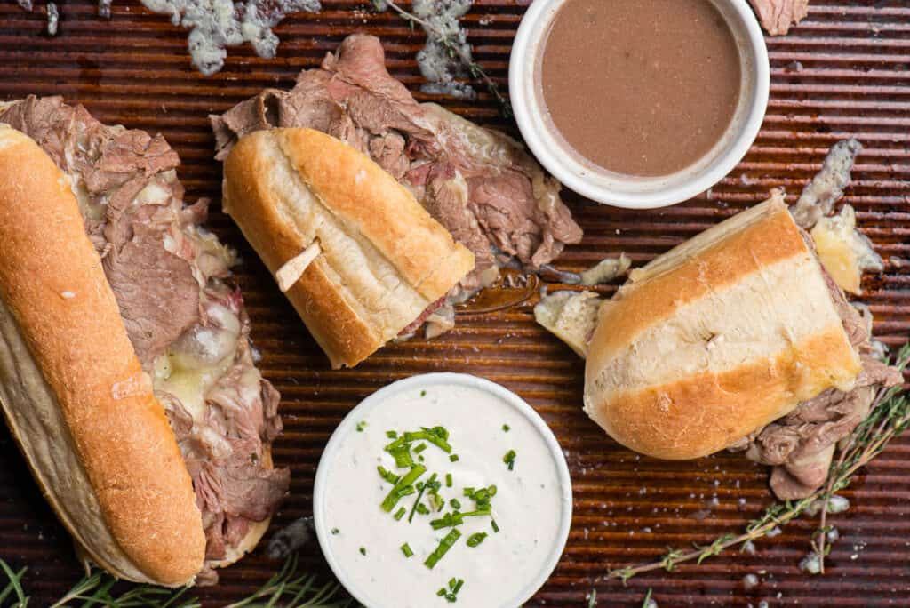 French Dip Sandwich with au jus and horseradish sauce