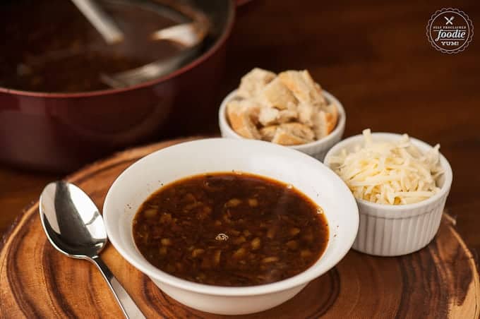 French Onion Soup in white bowl