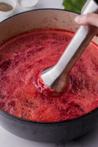 using an immersion blender to process fresh beet soup in pot.