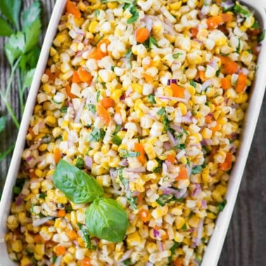 rectangle dish of vegetable salad with corn