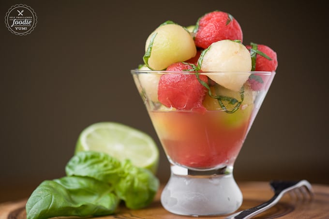 watermelon and honeydew melon balls with basil and lime