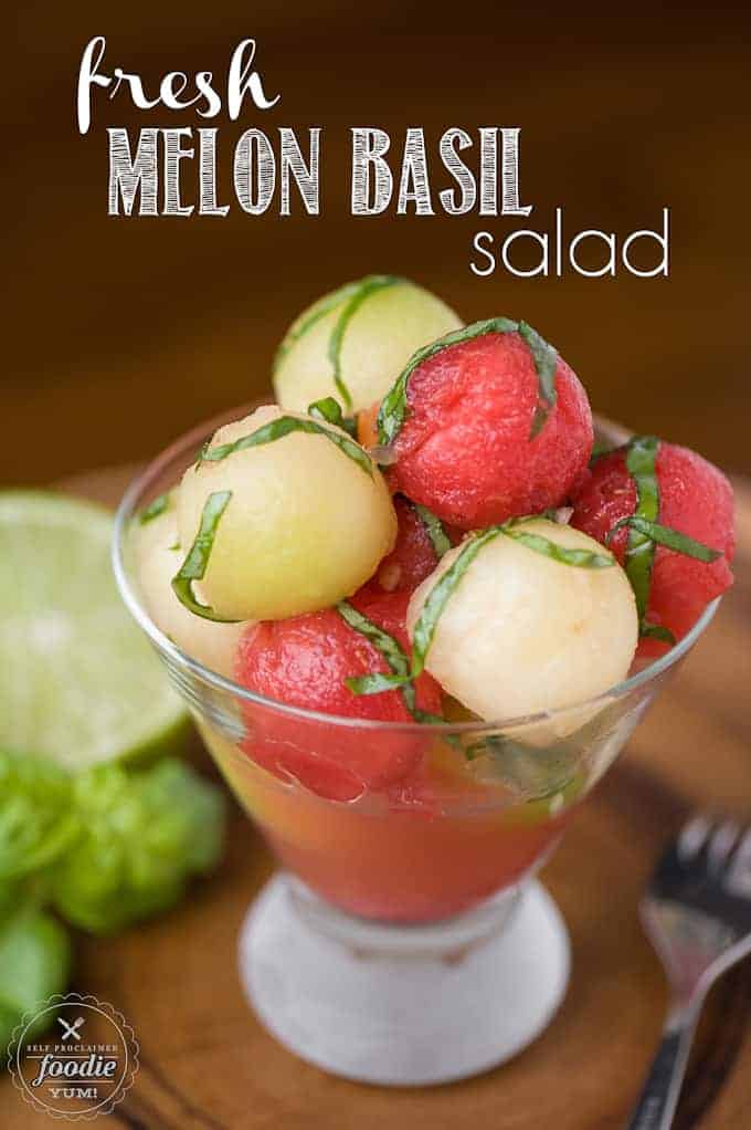 melon balls in martini glass with basil