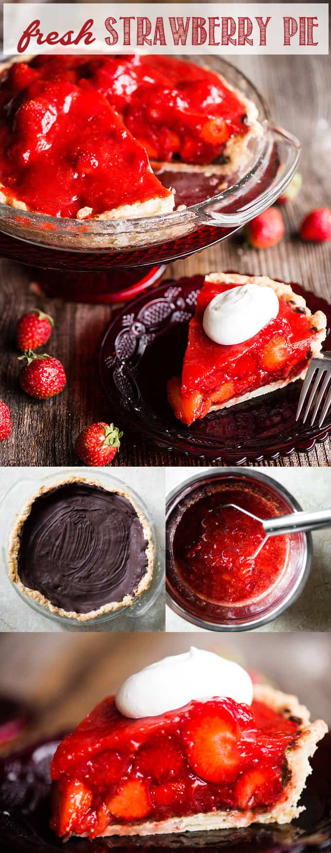 Fresh Strawberry Pie, with a chocolate layer dividing the incredible Oregon strawberries from the all-butter pie crust, is the absolute best summer dessert! #strawberrypie #oregonstrawberries #freshstrawberrypie #strawberrypierecipe #strawberrypiefilling #homemadestrawberrypie #nogelatinstrawberrypie #oldfashionedstrawberrypie #strawberry #pie #strawberries #chocolate #chocolatestrawberry #beststrawberrypie #chocolatestrawberrypie