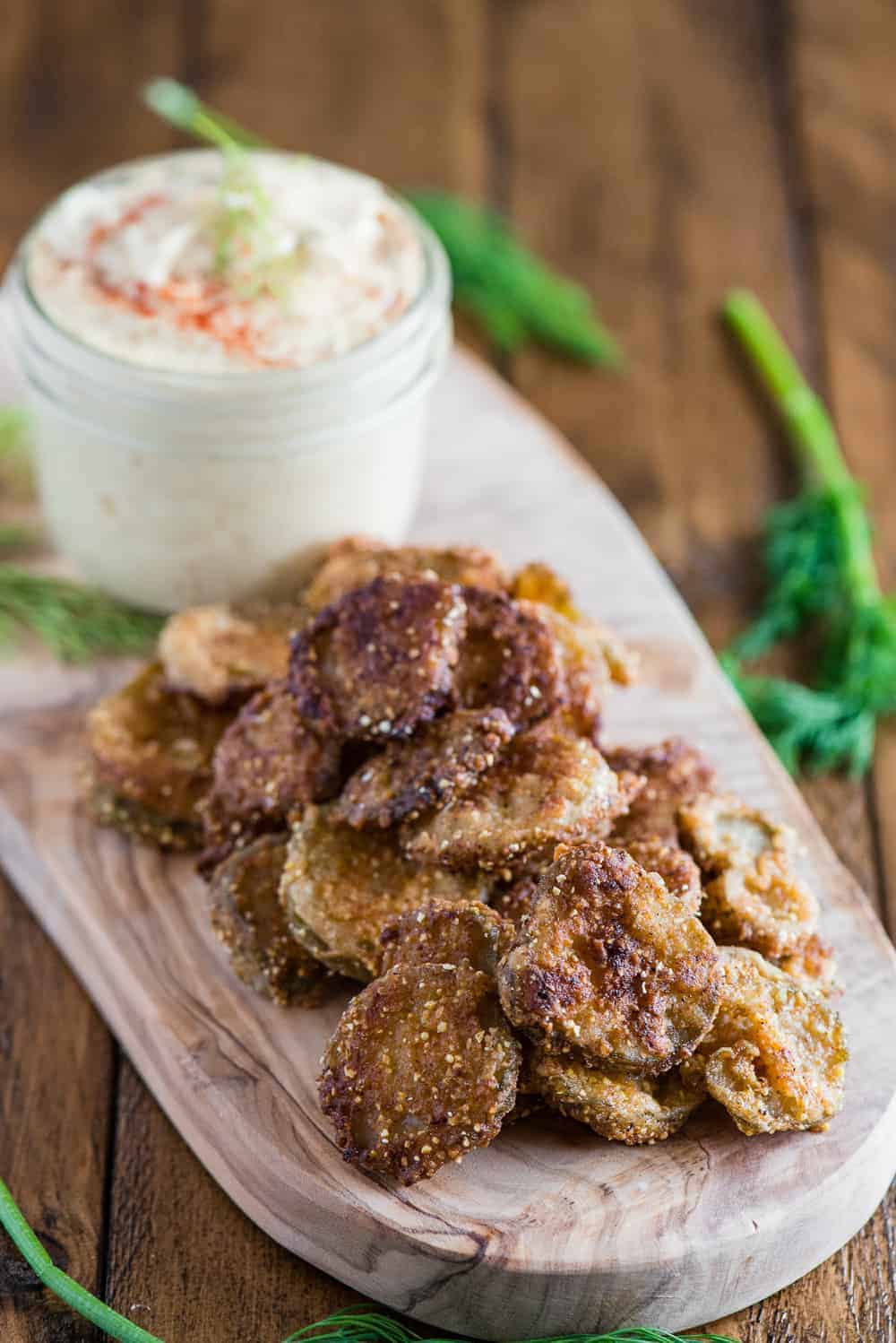 crispy cornmeal fried pickles with dipping sauce