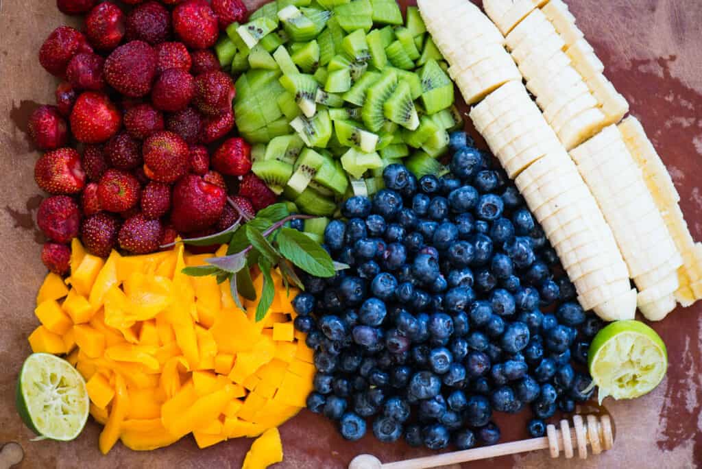 chopped mango, blueberries, kiwi, banana, strawberries