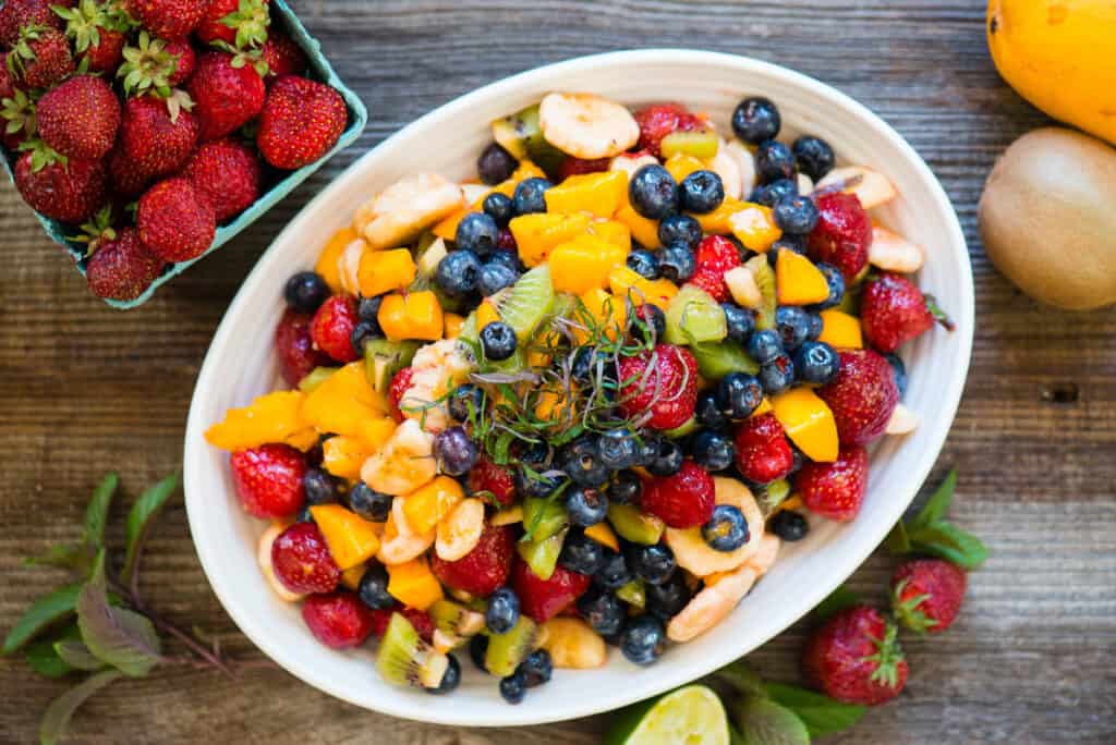 white oval bowl with chopped fruit