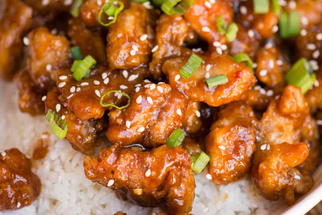 close up of homemade General Tso's Chicken