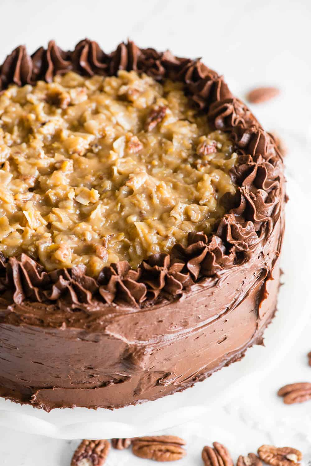 German Chocolate Cake with coconut pecan topping and chocolate frosting