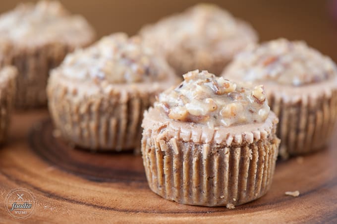 A close up of German Chocolate Cake cheesecake with nut topping