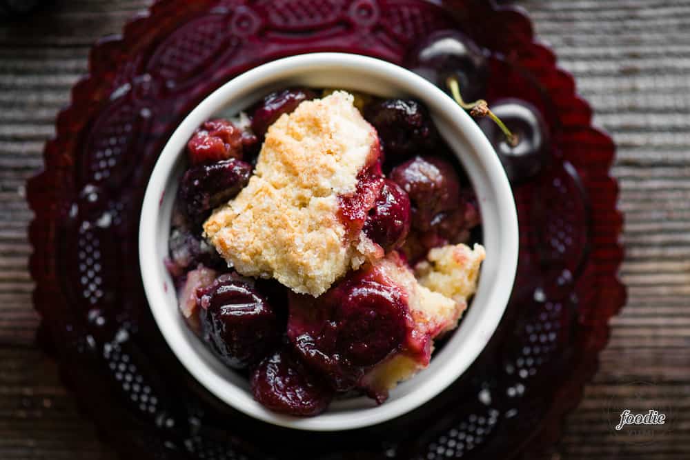 Top of individual serving of gluten free cherry cobbler