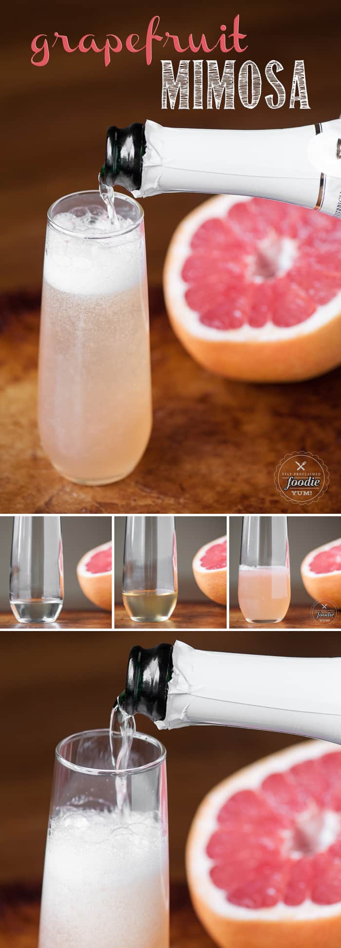 I make my Grapefruit Mimosa a little different than just combining champagne and grapefruit juice and the result is a sweet and flavorful pink cocktail.