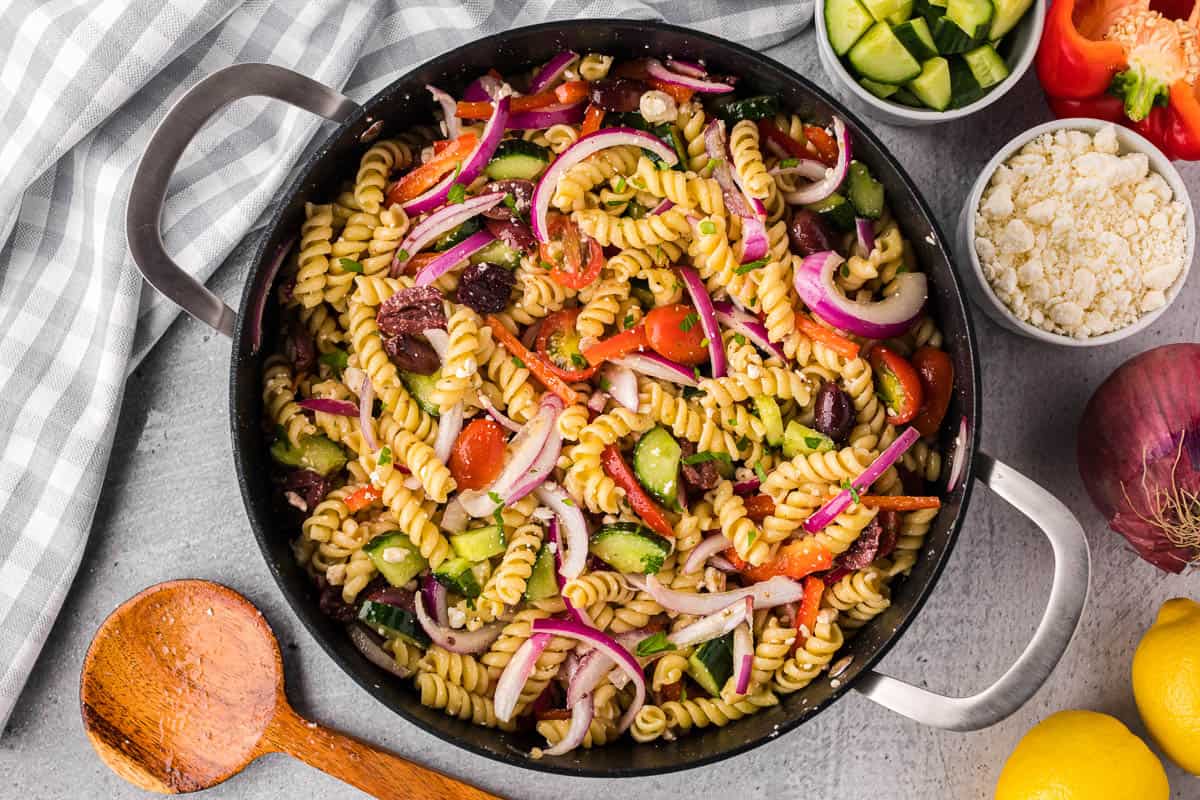 greek pasta salad in pot.