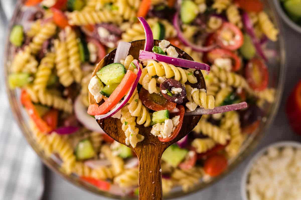Spoonful of Greek pasta salad.
