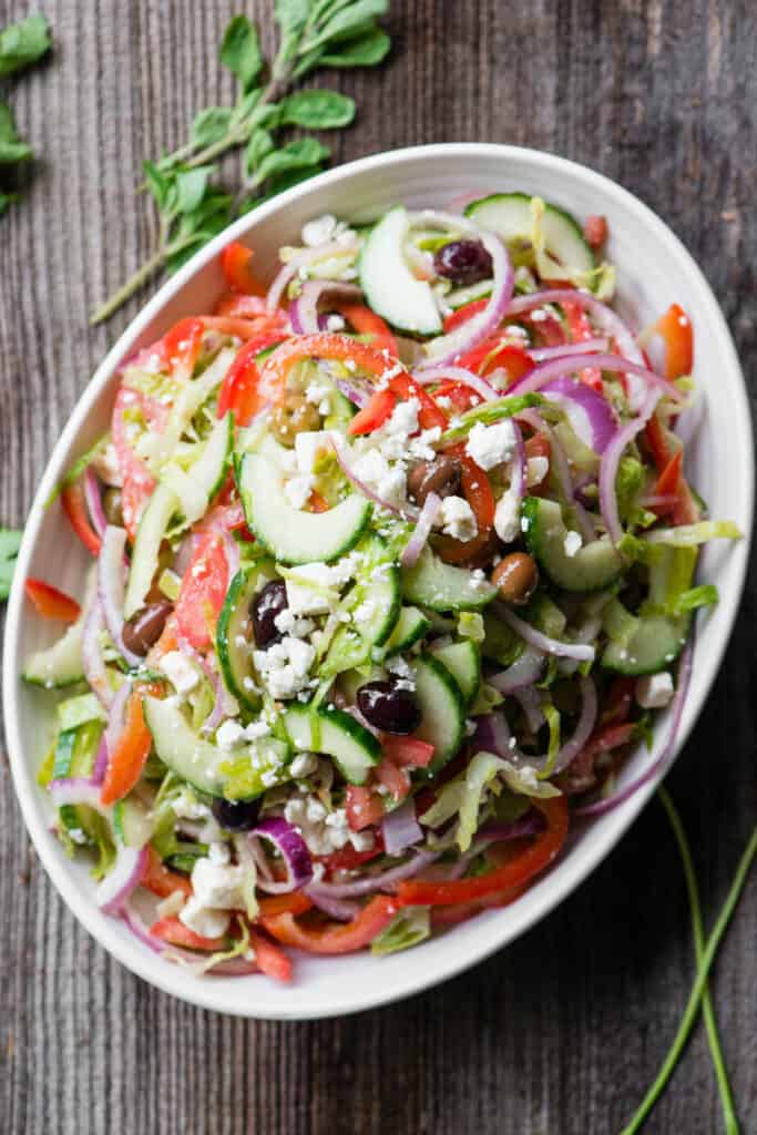 homemade Greek Salad in oval platter