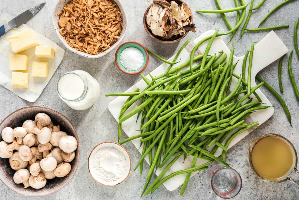 ingredients used to make homemade green bean casserole.