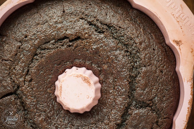 Top of chocolate bundt cake in pan