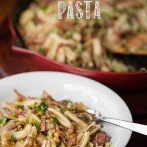 a bowl of ham and brussel sprout pasta