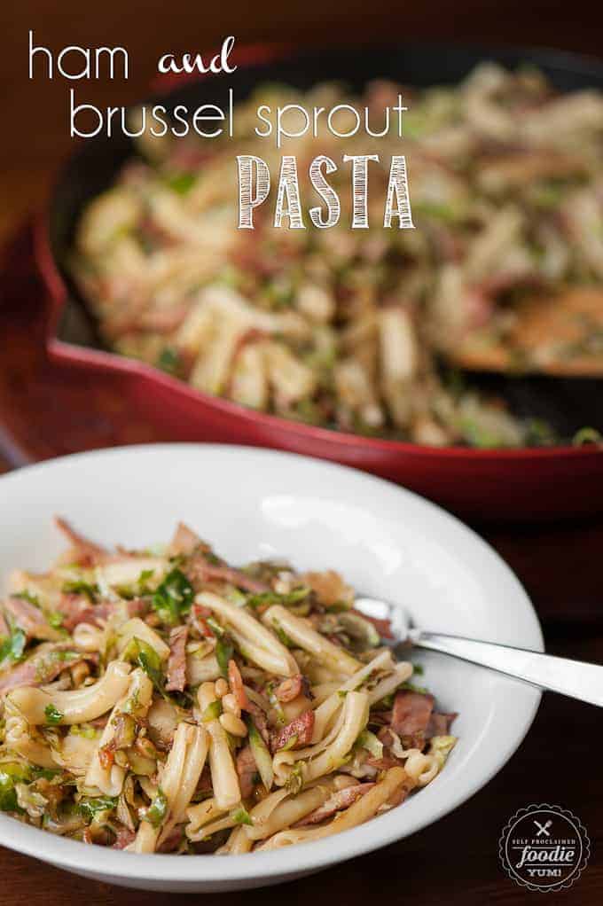 a bowl of ham and brussel sprout pasta