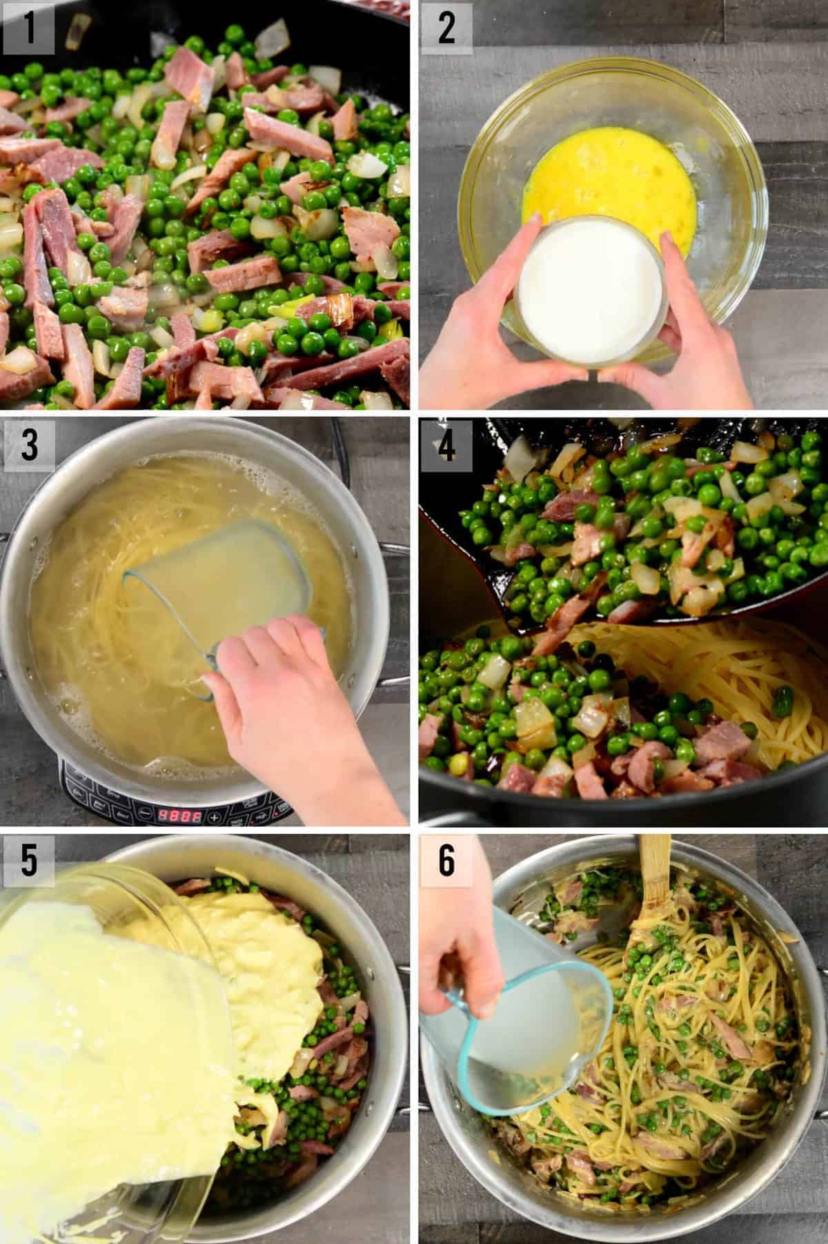 process photos of how to make Ham and Pea Pasta Carbonara