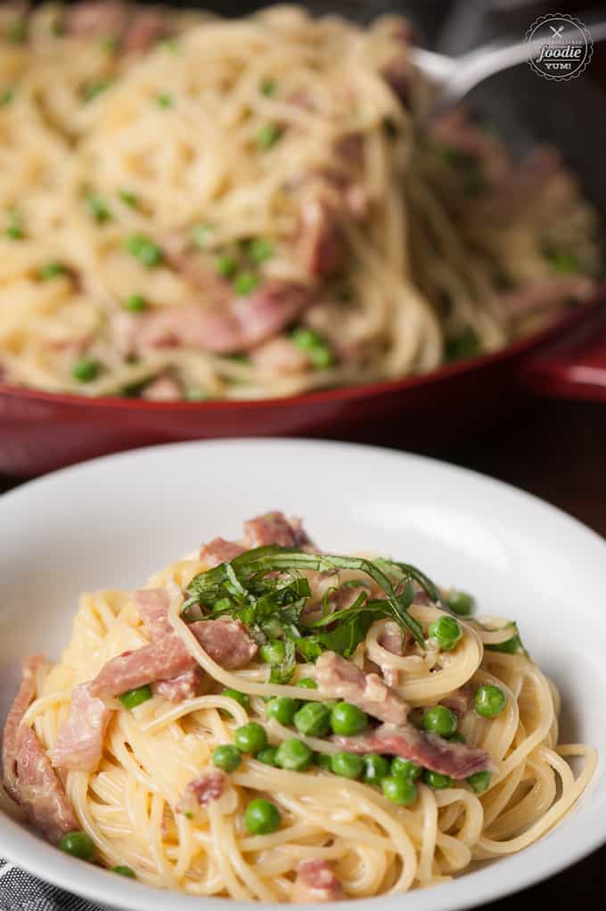 Ham and Pea Pasta Carbonara RECIPE VIDEO | Self Proclaimed Foodie