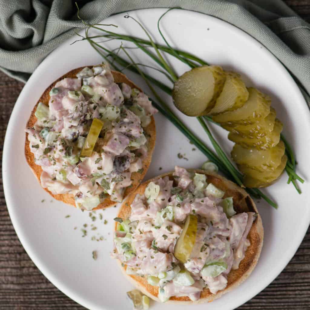 ham salad on English muffin with sliced pickle