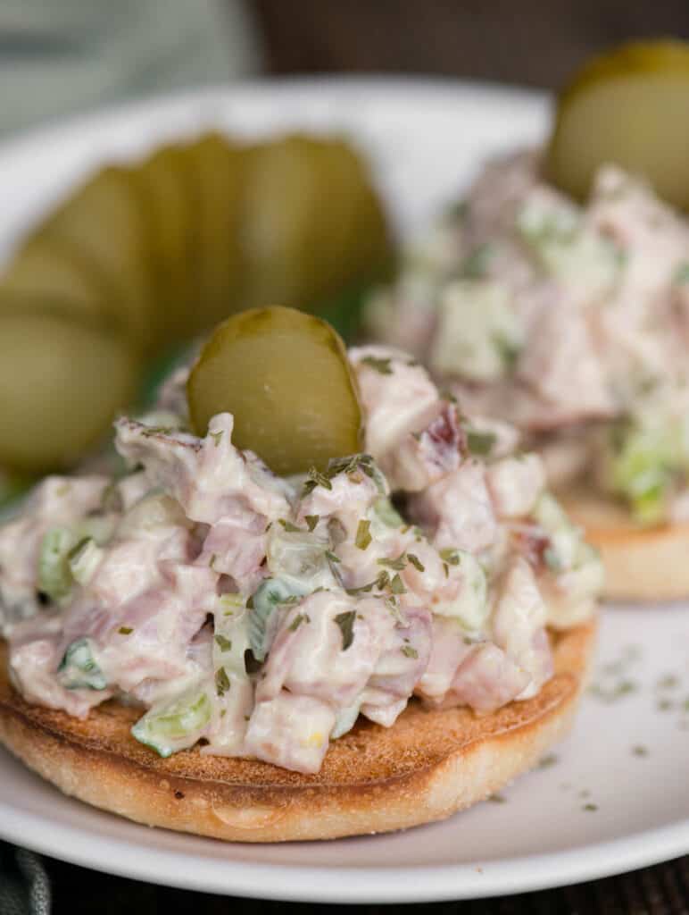 ham salad on toasted English muffin with pickle