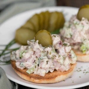 homemade ham salad on toasted English muffin