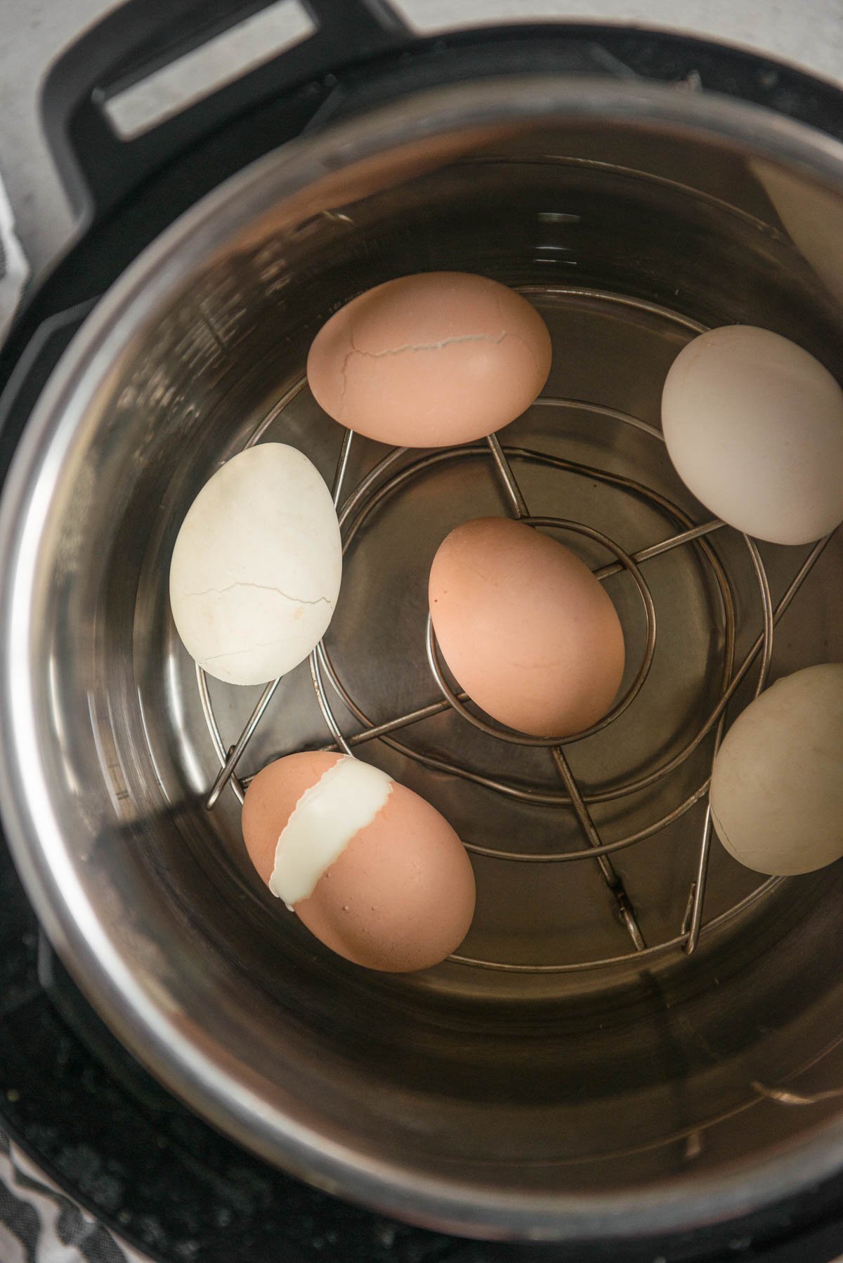 Freshly made instant pot hard boiled eggs.