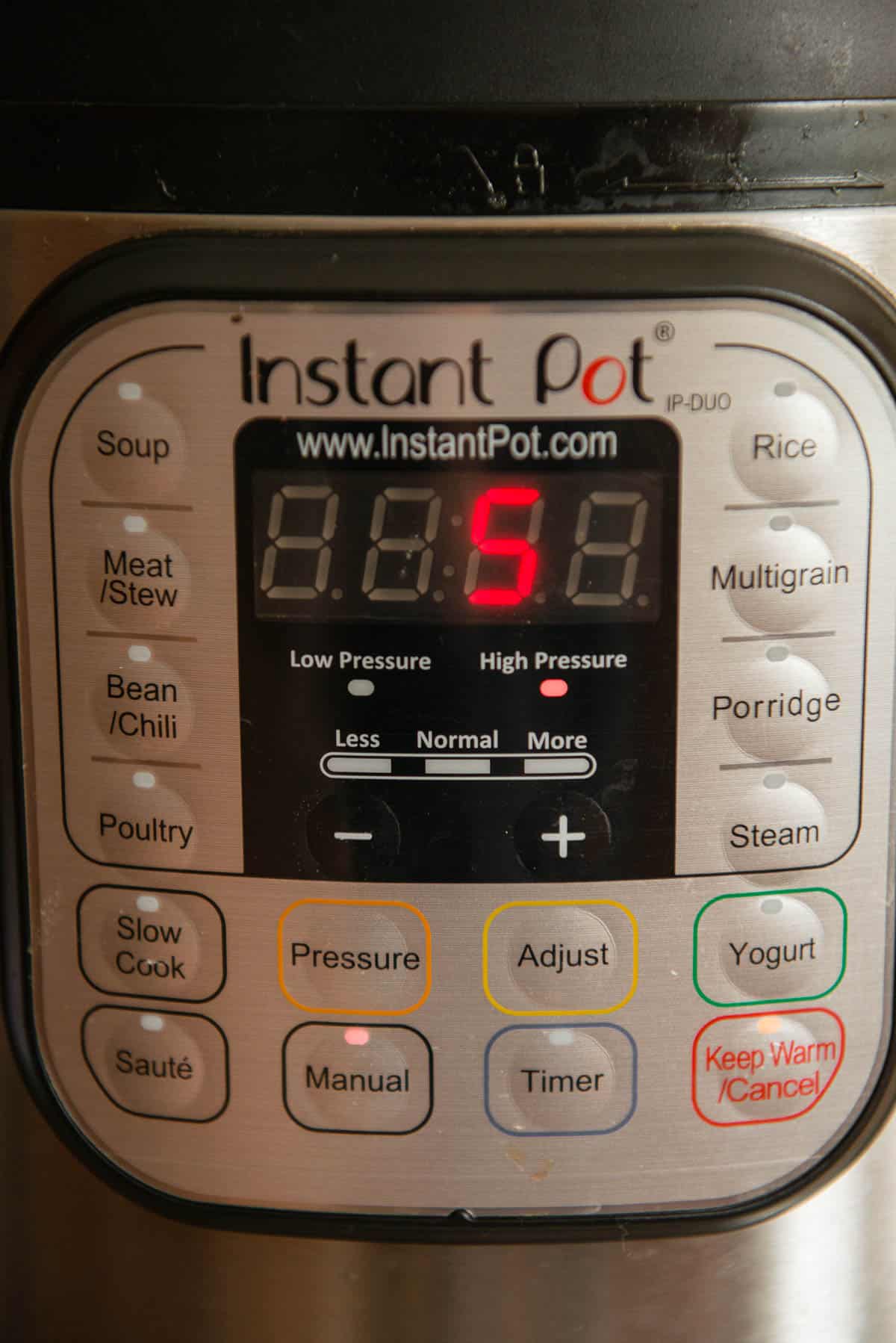Instant pot with pressure set to 5 minutes.