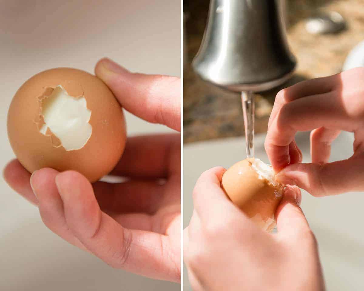peeling a hard boiled egg under running water